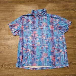 Birdie Bound Golf Polo Men's 2XL Blue Pink Palm Tree Tropical Performance Shirt